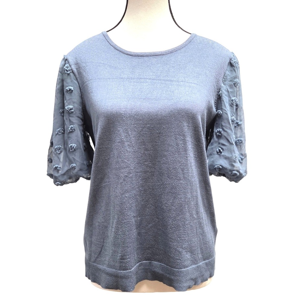 Adrianna Papell Knit Top Women M Dusty Blue Sheer Swiss Dot Puff Sleeve Romantic
